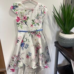 Floral Kids Dress with Blue Accents